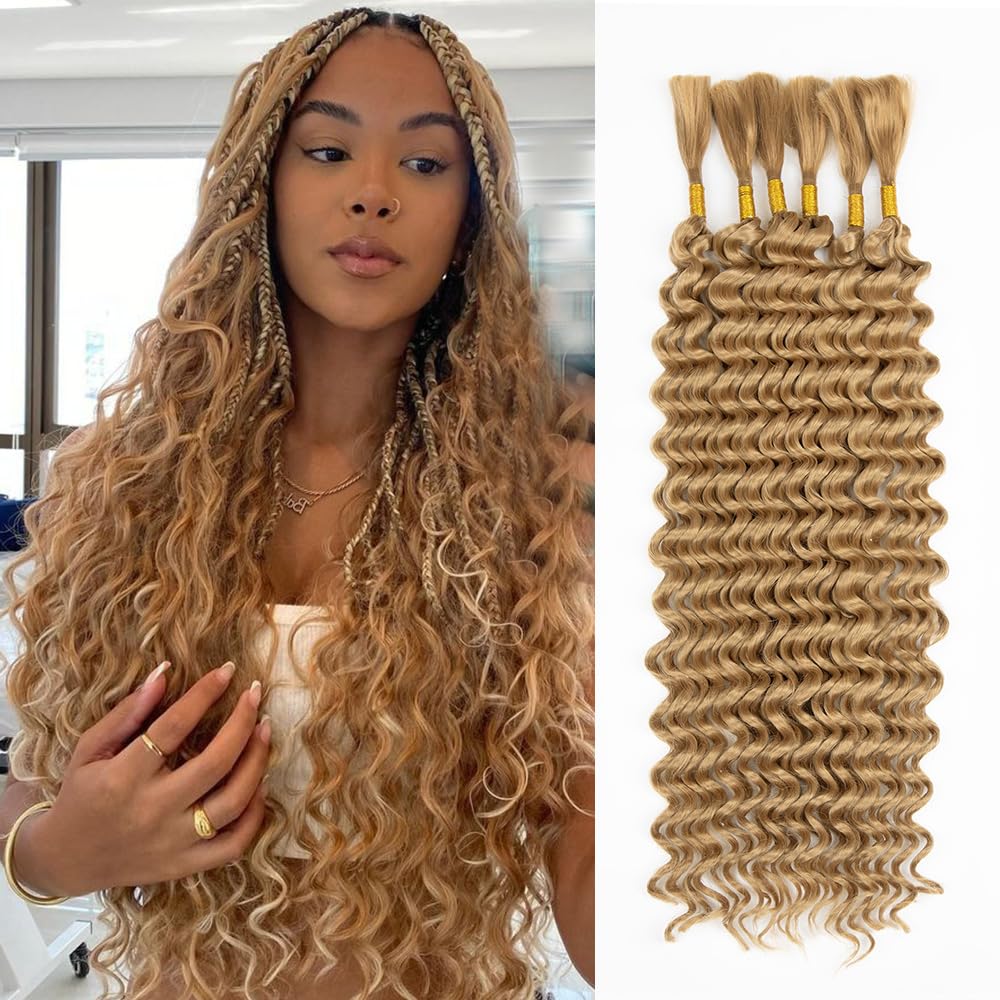 Deep Wave Bulk Hair for Braiding 24 Inch 6 Bundles 200g Natural Black Curly Braiding Hair for Boho Braids No Weft Wet and Wavy Braiding Hair Extensions (#27,200g/ 6bundles 24 Inch)