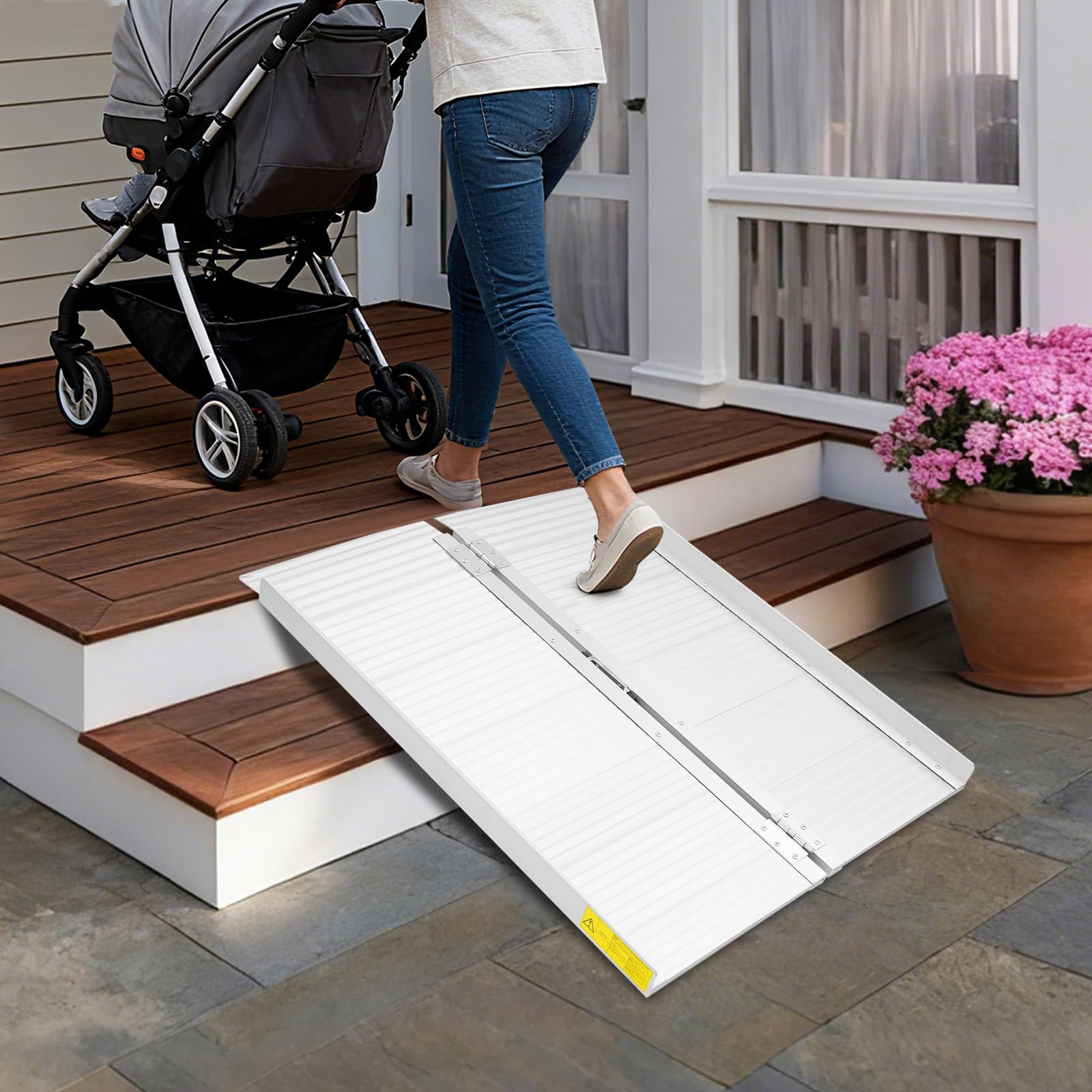 Składana rampa dla wózków inwalidzkich, 90 x 73 cm, wykonana z wytrzymałego stopu aluminium i stali nierdzewnej, obciążenie do 300 kg, z antypoślizgową powłoką, lekka rampa do schodów, progów i w