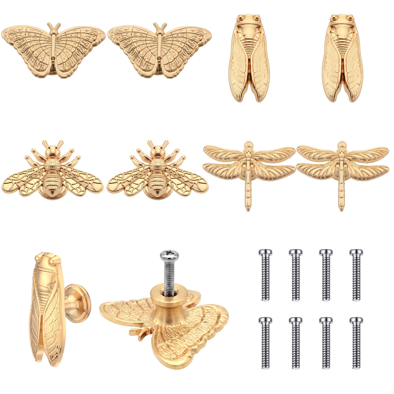Zonon 8 Pcs Insects Cabinet Knobs, Bug Themed Drawer Knobs, Butterfly Dragonfly Bee Cicada Cabinet Pulls & Handle, Metal Knob for Dresser Cupboard Wardrobe (Gold)