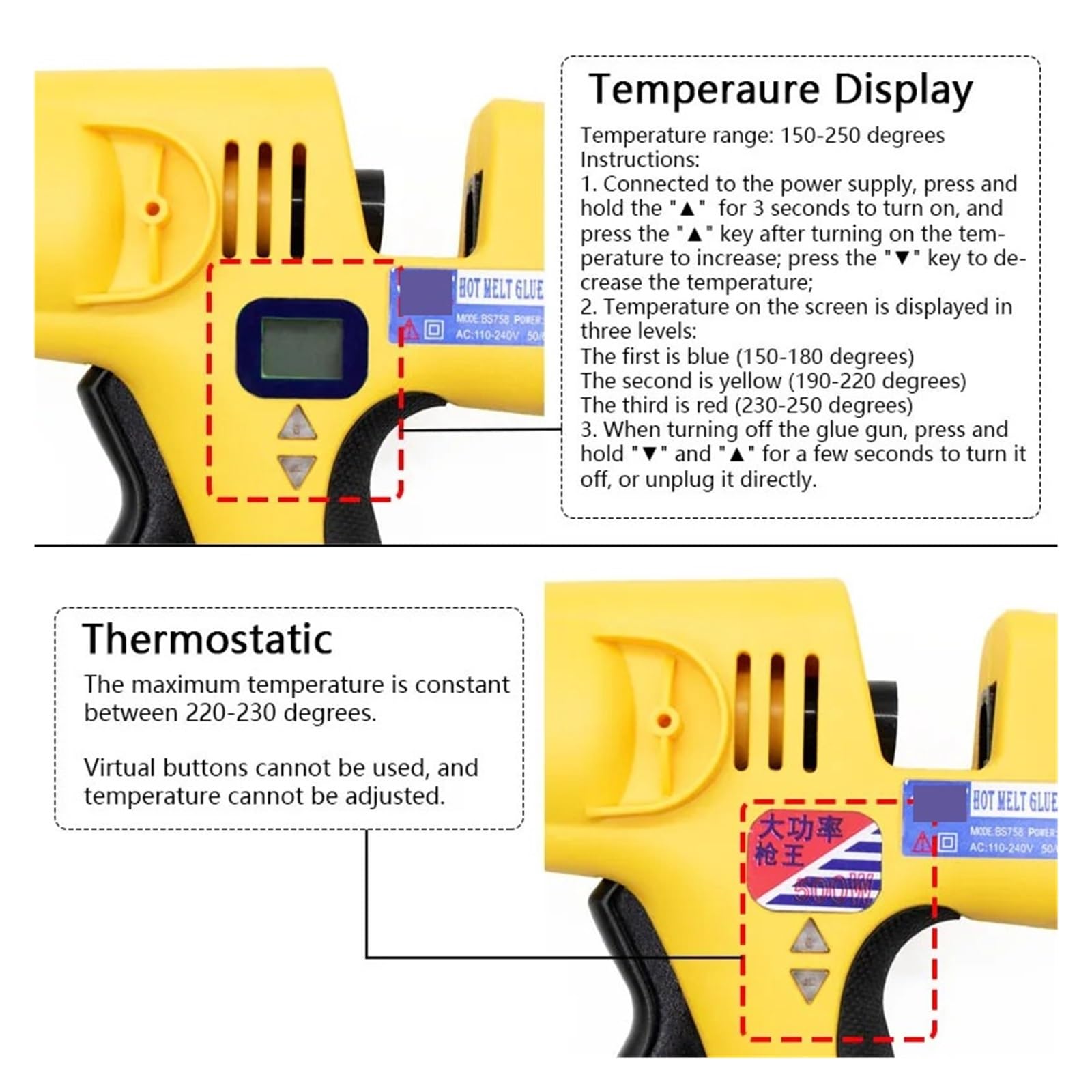 Pistola per colla a caldo per lavori artigianali, Pistola for colla a caldo, pistola for colla termostatica a temperatura regolabile 300W/400W/500W Strumento di riparazione professionale industriale f