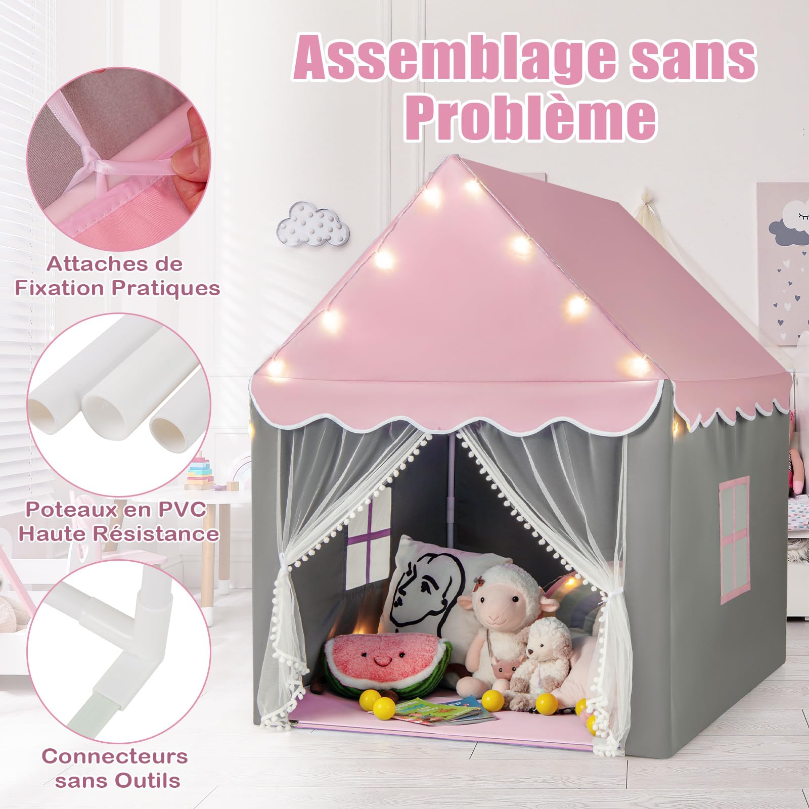 COSTWAY Tente de Jeux pour Enfants avec Lumières Étoiles & Tapis Lavable en Coton, Cabane Enfant Interieur avec Rideau & 2 Fenêtres, Château de Princesse Tente pour 4 Enfants, 104x122x135 cm