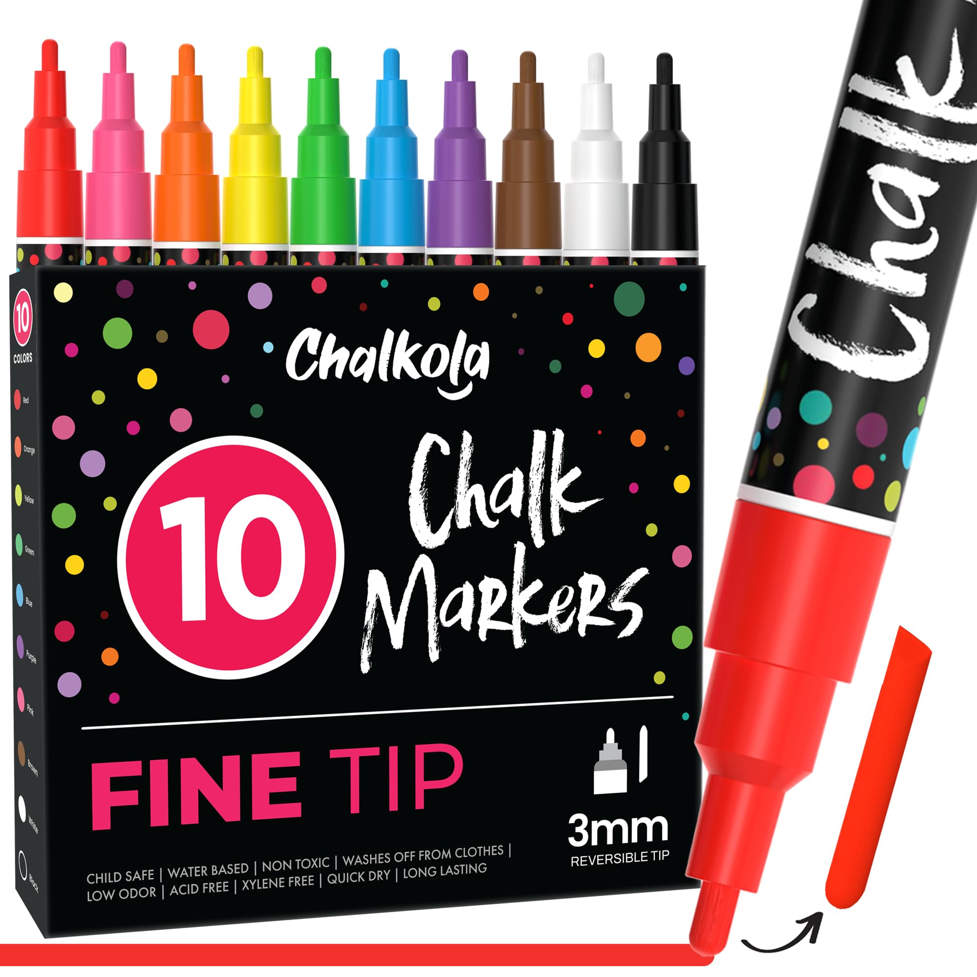 Chalkola 10 Fine Tip Liquid Chalk Markers for Blackboard (10 Pack, 3mm Reversible Tip) | Thin Chalk pens for Chalkboards, Window, Car, Glass - Erasable Chalkboard Markers