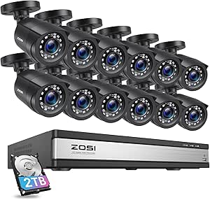 ZOSI 3K Lite 16 Channel Security Camera System Outdoor,AI Human Vehicle Detection,Night Vision,12pcs 2MP Weatherproof Surveillance Camera,H.265+ 16CH 1080P CCTV DVR with 2TB HDD for 24/7 Recording asin的图片