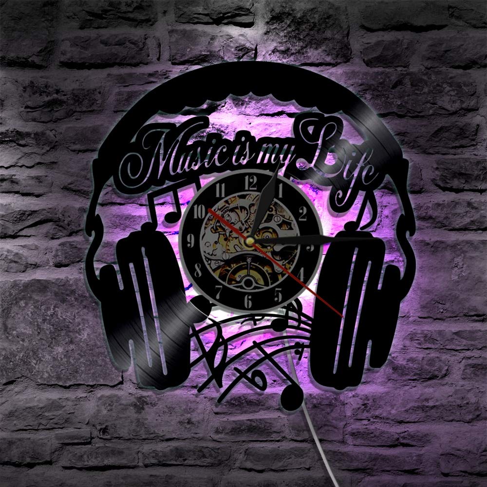 La musica è la mia vita Musica Inspirational Lampada da parete moderna Orologio da parete con dischi in vinile Musica Rock n Roll Cuffie Applique da parete a LED Regali per la festa della mamma Orol