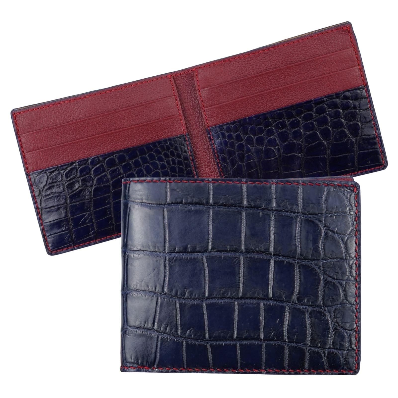 HATA Navy Blue Red Exotic Bifold Wallet for Men, Billfold with Mixed Leather Interior, RFID Blocking Card Holder, Handmade Gift for Birthday, Anniversary, Father’s Day VIMIX-42