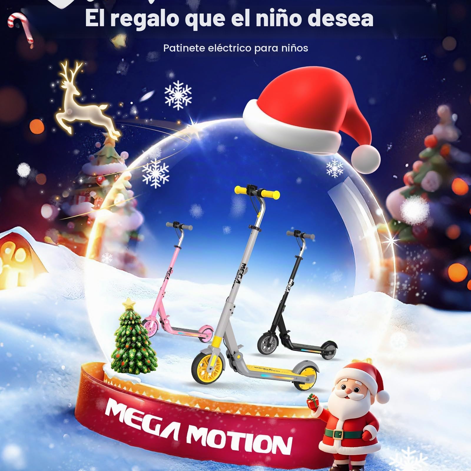 MEGA MOTION Patinete eléctrico para niños, 3 Modos de Velocidad, Motor de 150 W, Velocidad máxima de 16 km/h, Plegable, Manillar Ajustable, Ruedas de 15 cm y luz Lateral LED