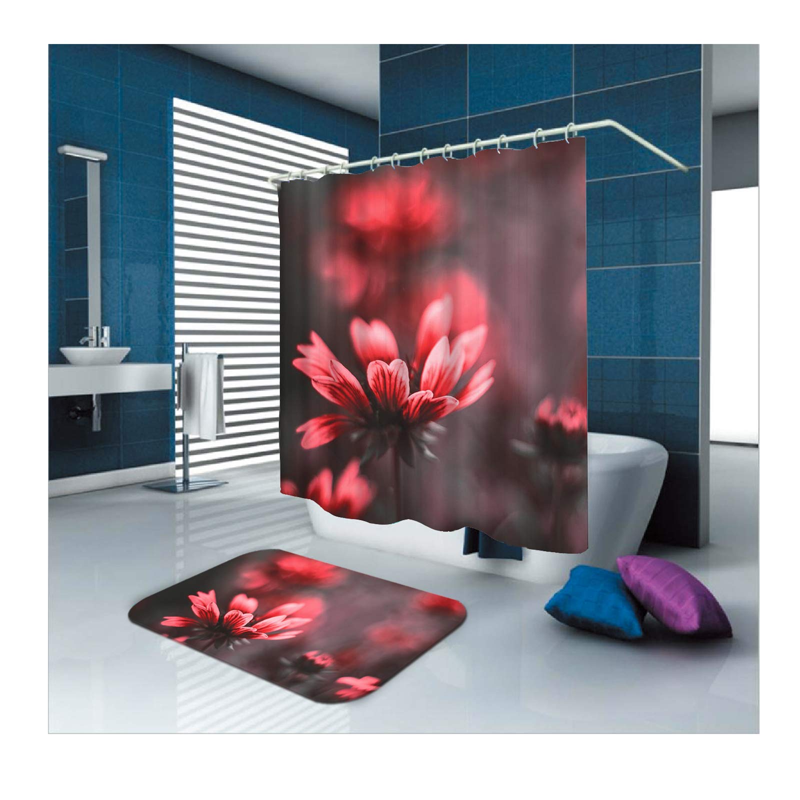 Kit tenda da doccia Blue Rose con tappeto antiscivolo, coperchio del water e tappetino da bagno