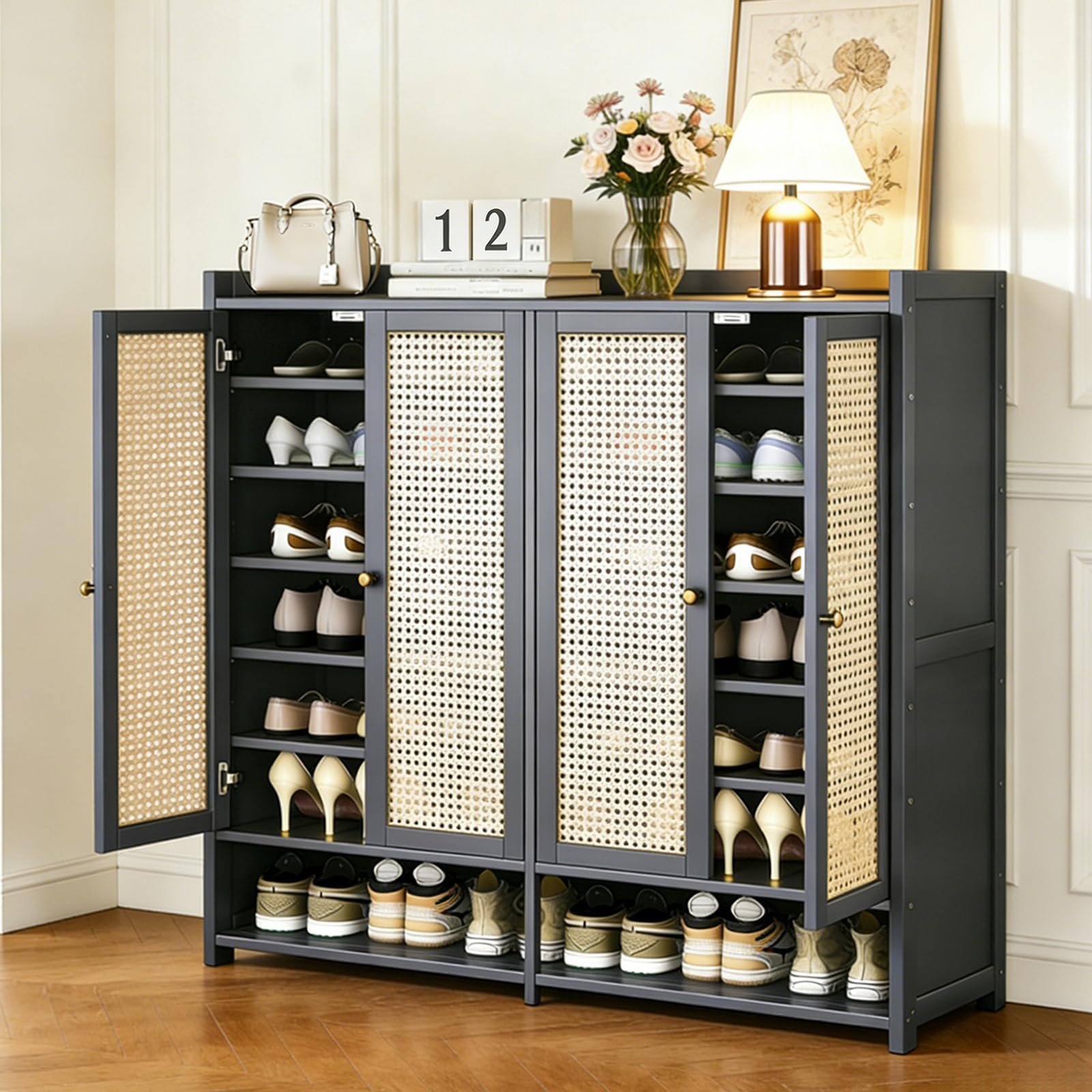 YGWBGA Large Shoe Cabinet - Bamboo Shoe Storage Cabinet with Doors, 36-40 Pairs Freestanding Shoe Organizer & Shoe Rack for Entryway, Hallway, Living