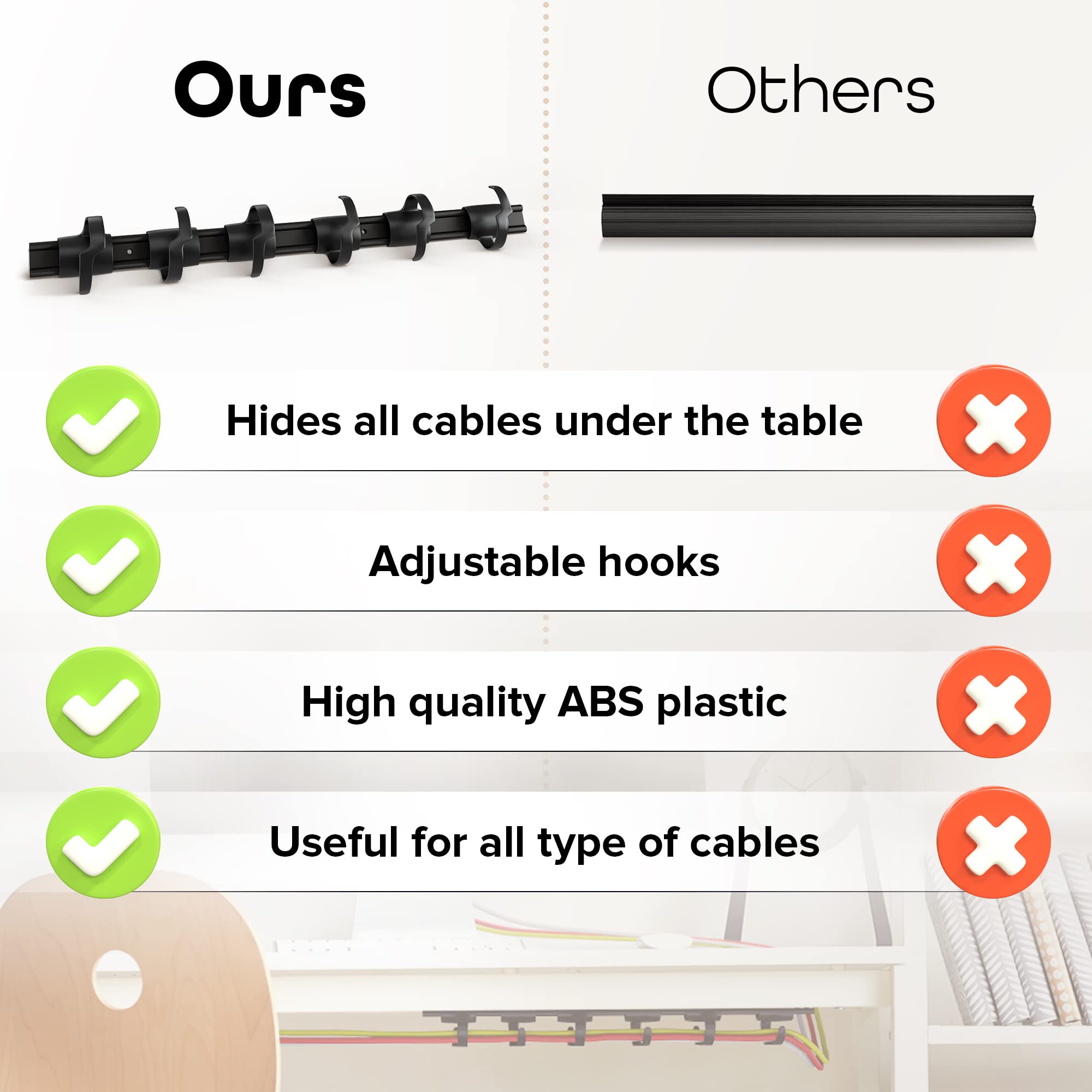 Kenson 3 Pack Rib Under Desk Cable Management - Black Wire Hider Cable Organizer with Adhesive Stripe for Easy Installation - Desk Cord Organizer and Cable Management Tray for a Clutter-Free Workspace