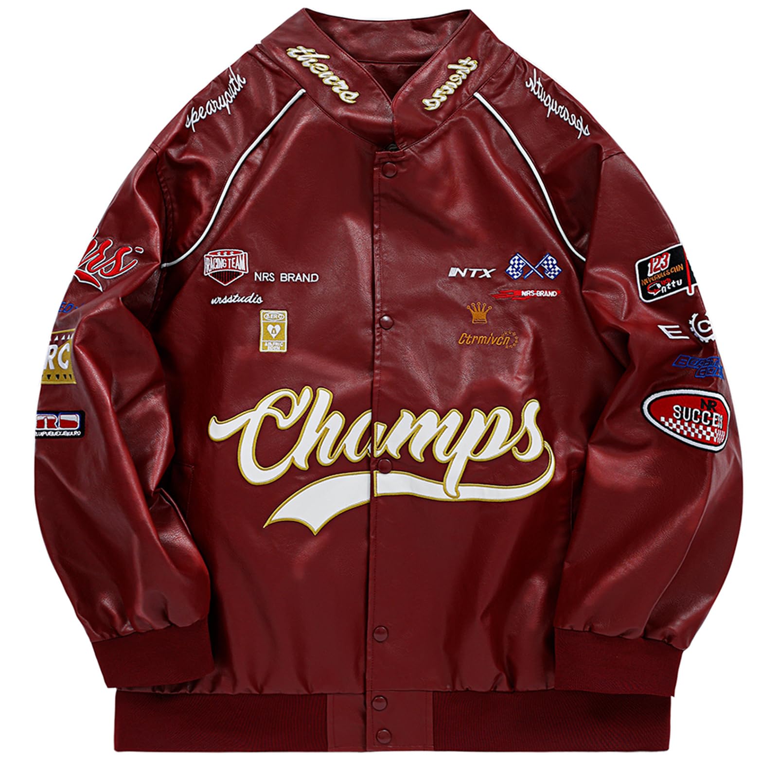 Aelfric EdenMens Faux Leather Varsity Jacket Vintage Racing Leather Jackets Oversized Unisex Streetwear Jacket