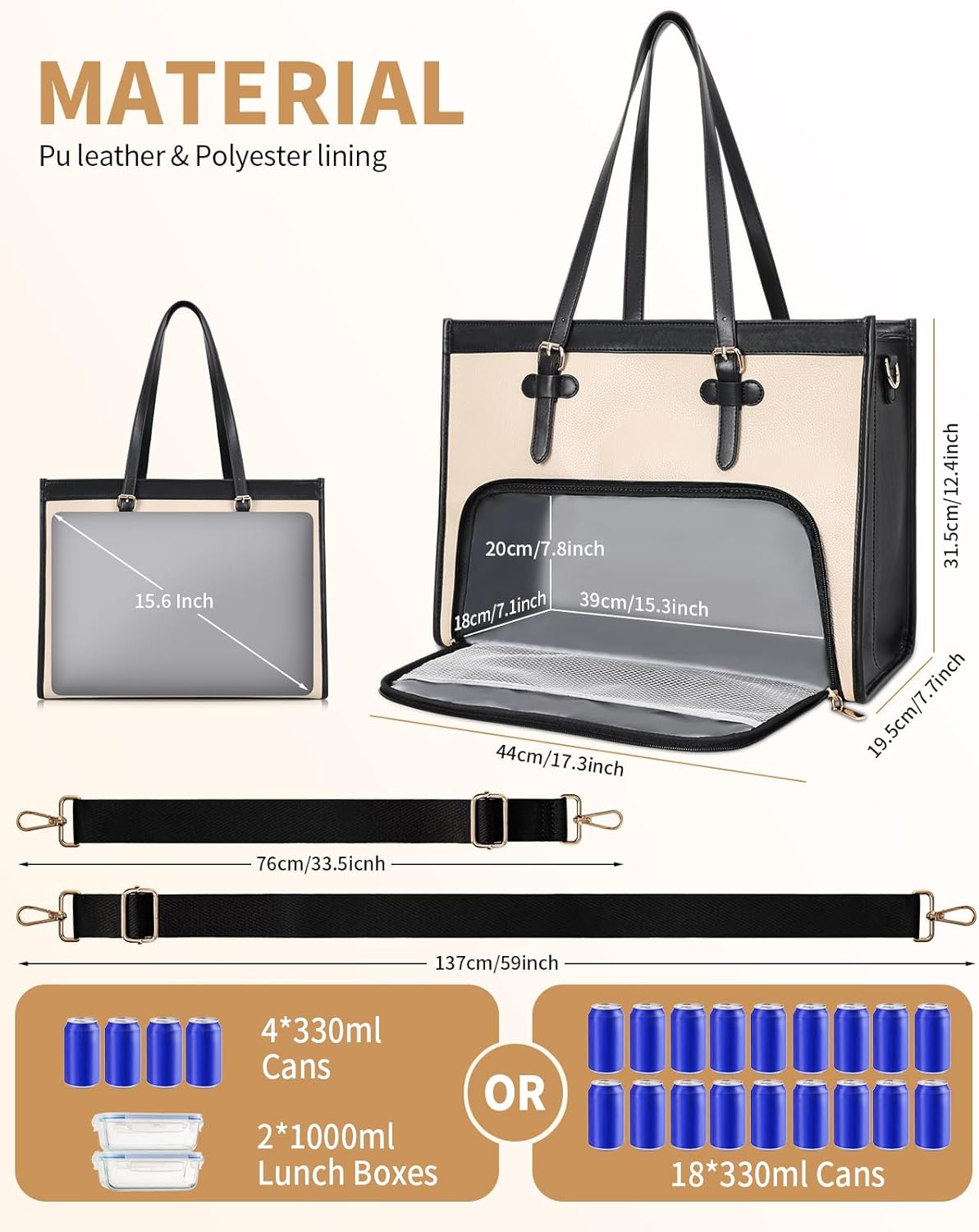 ESTARER Laptop Tote Bag with Insulated Lunch Compartment, 15.6 Inch PU Leather Laptop Bag For Women, Computer Work Handbag for Teacher, Nurse, Office, Collage, Casual, Black&White - Image 6