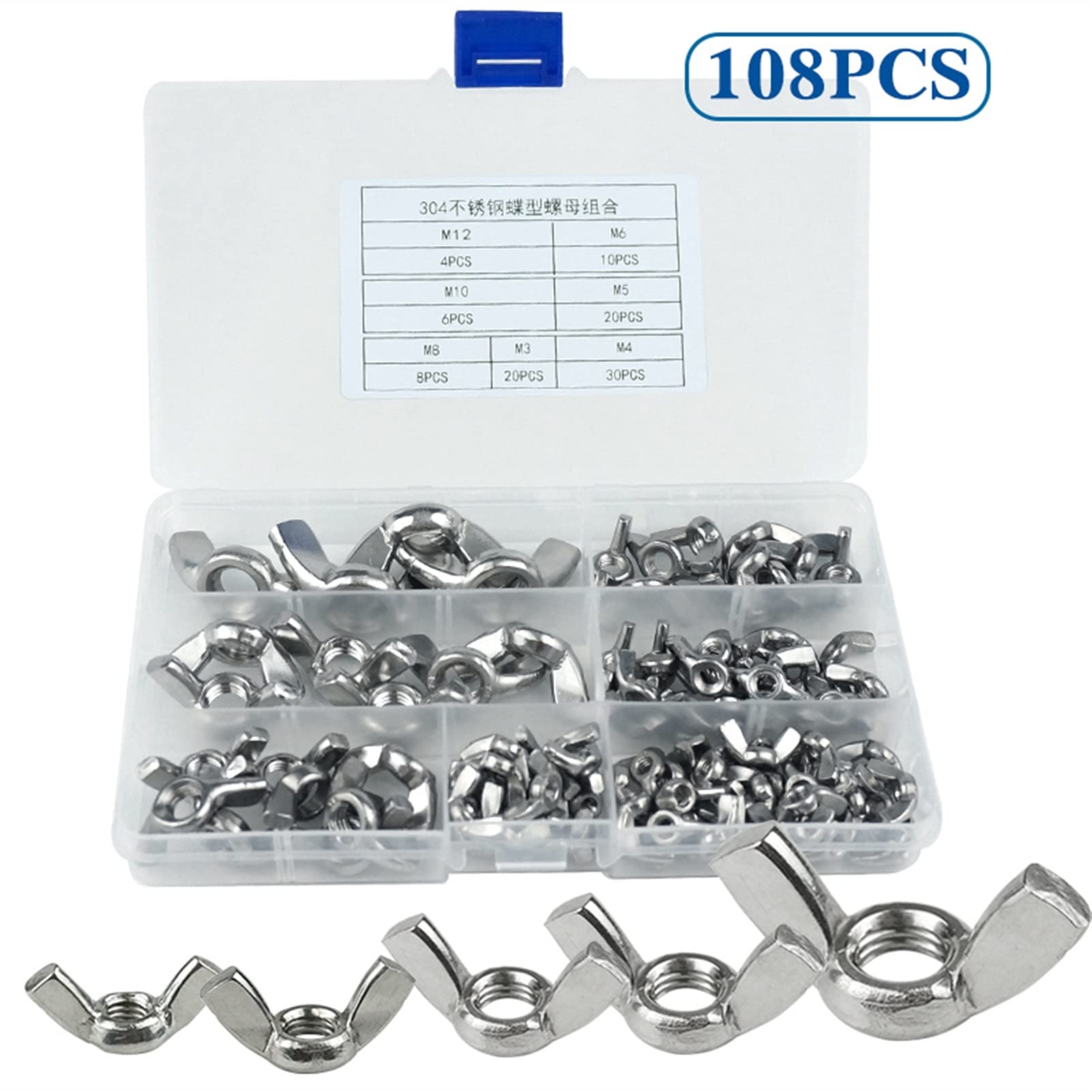 Dadi ad Alette di Farfalla 98 PCS Kit assortimento di Dado ad Ala M3 M4 M5 M6 M8 M10 M12 Noci in Acciaio Inox Acciaio Inossidabile Farfalla per Bicicletta da Batteria