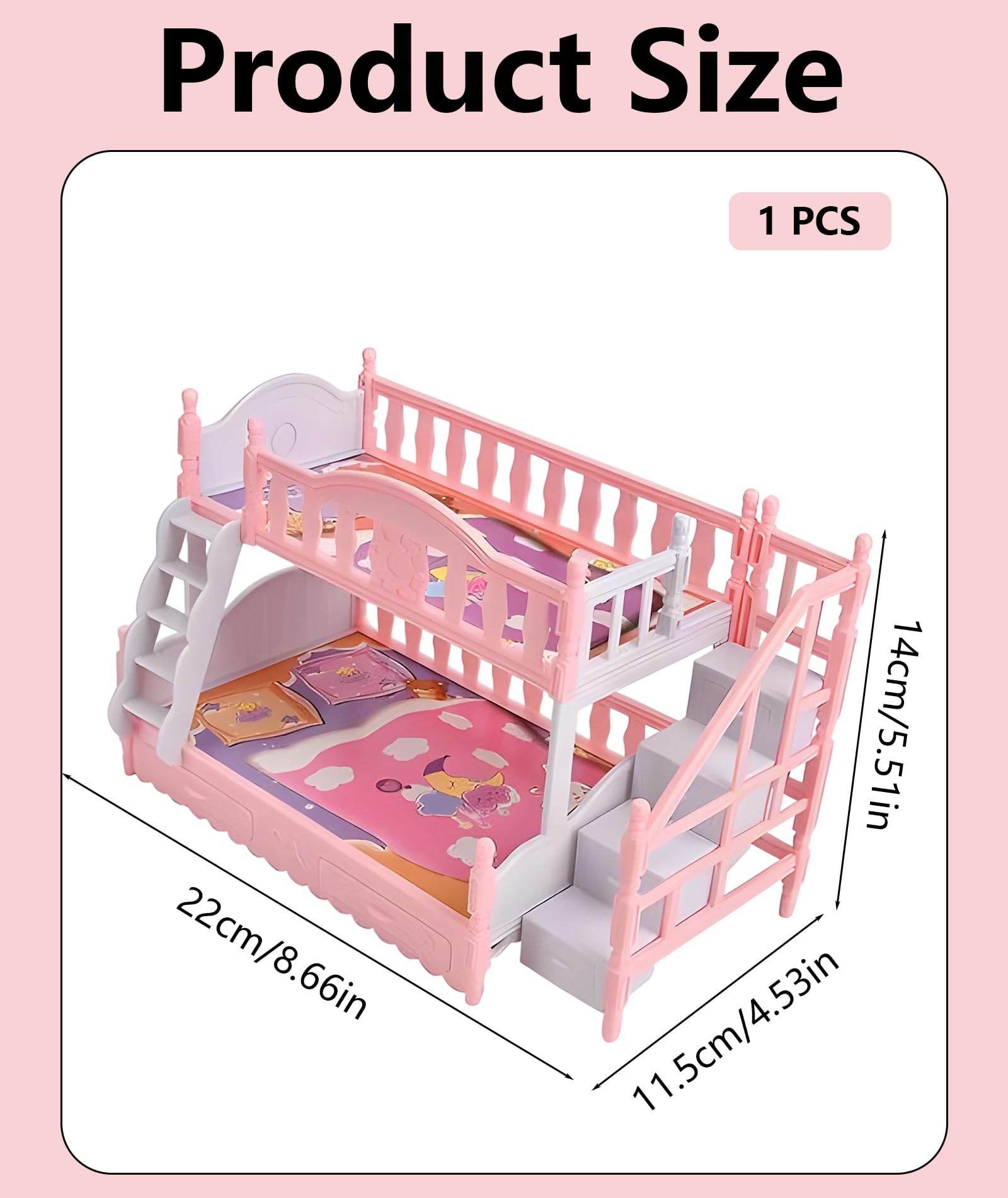 Doll Bed, Miniature Bunk Bed for Doll House Furniture, Pink Doll House Furniture with Sturdy Design, Perfect for Imaginative Play and Skill Development, 22x11.5x14cm