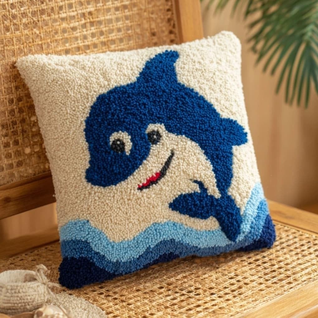 AxiangziK Latch Hook Cushion Kit,Dolphin DIY Throw Pillow Cover 43X43Cm