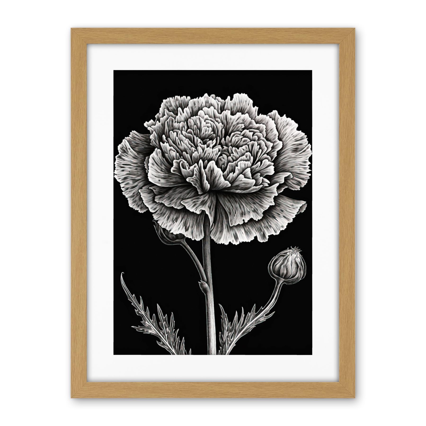 Artery8 Black and White Linocut Carnation Flower Print Artwork Framed Wall Art Print 18X24 Inch