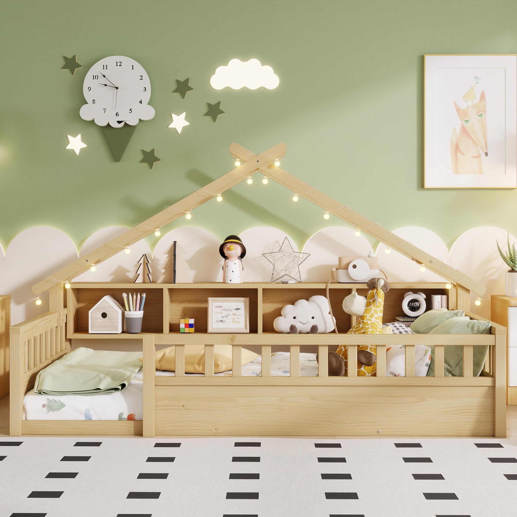 Twin House Bed for Kids, Twin Size Montessori Floor Bed with High Rails & Light, Montessori Beds with Built-in Storage Bookshelf & Wooden Slats for Boys & Girls, Natural