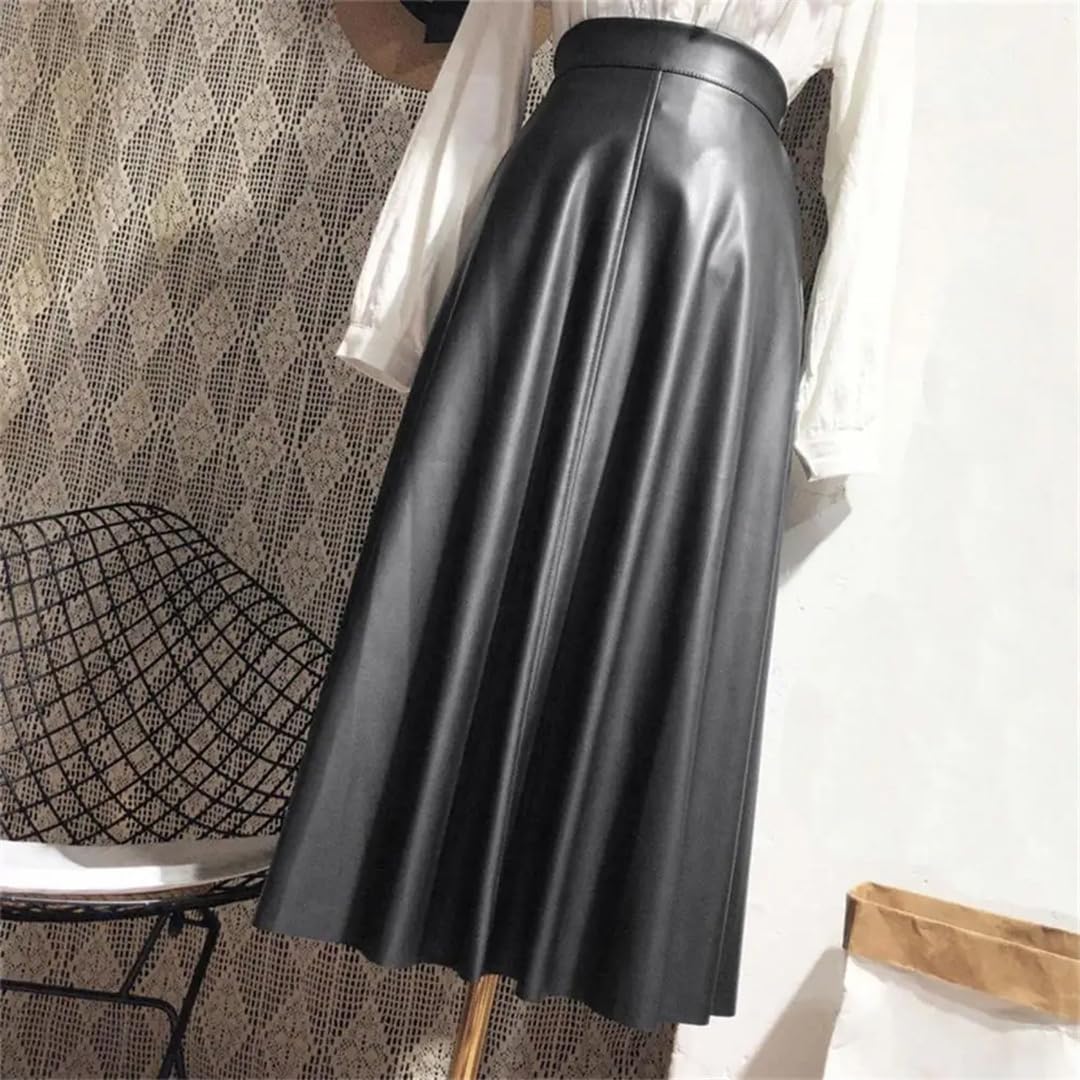 Faldas de cuero para mujer, cintura elástica, bolsillos laterales, falda maxi de piel sintética, color sólido, falda de oficina para mujer