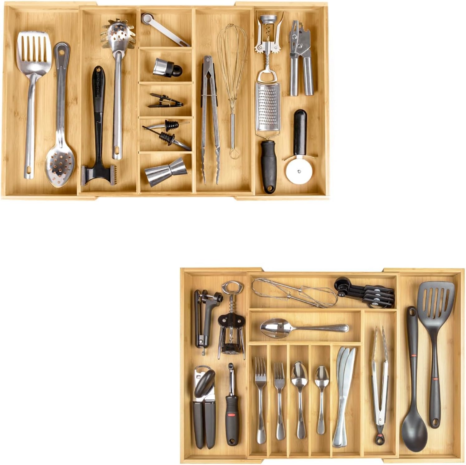 KitchenEdge Adjustable Kitchen Drawer Organizer - Expandable From 16 to 28 In and Premium Silverware, Flatware and Utensil Organizer for Kitchen Drawers - Expandable From 14 to 25 In Bundle