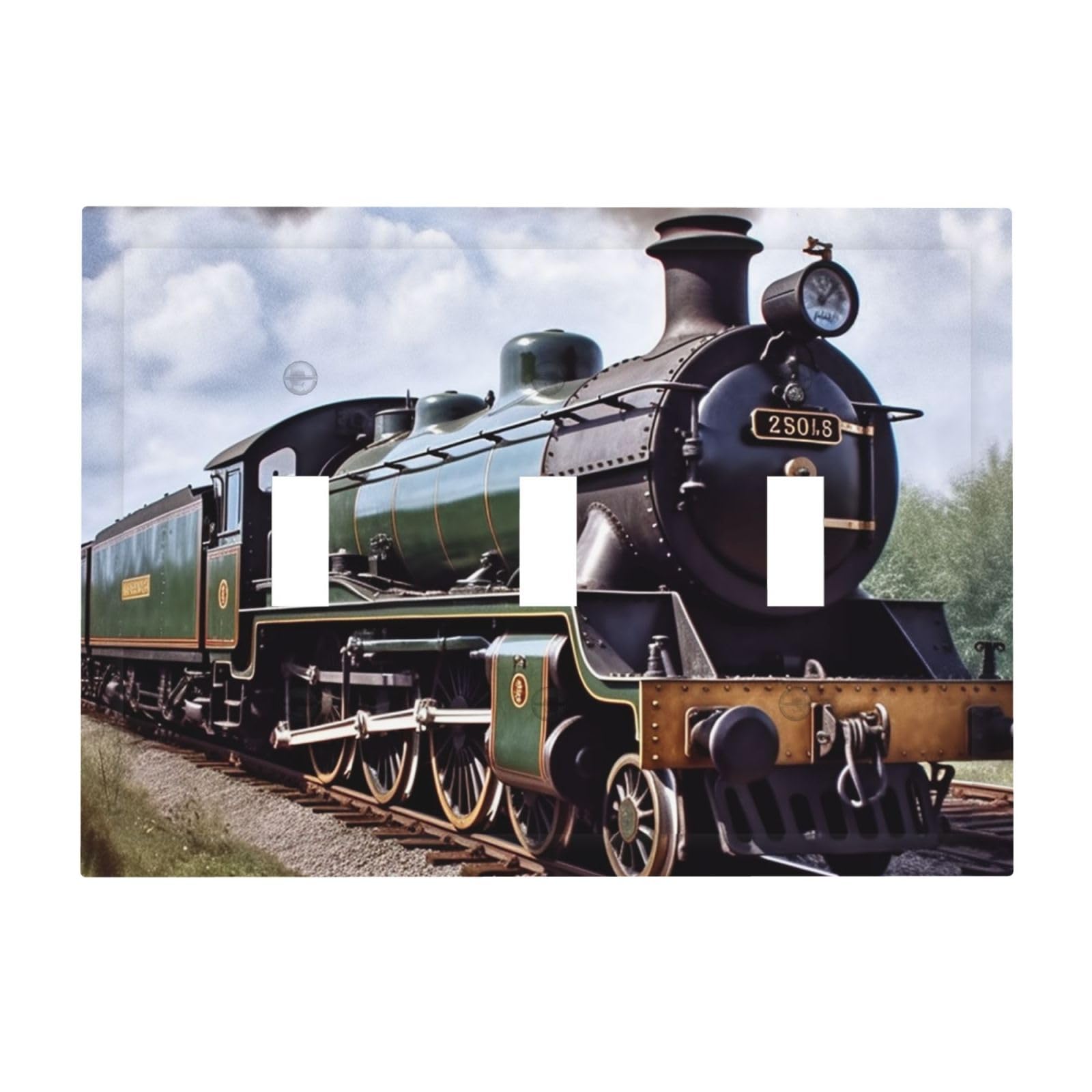 Kloph Steam Locomotive Train Decorator Light Switch Covers Wall Plate 3-Gang Mid Size 6.7" X 4.8" Triple Toggle Switch Wallplate Decorative 3 Gang Wall Switch Plate Covers Polycarbonate Thermoplastic