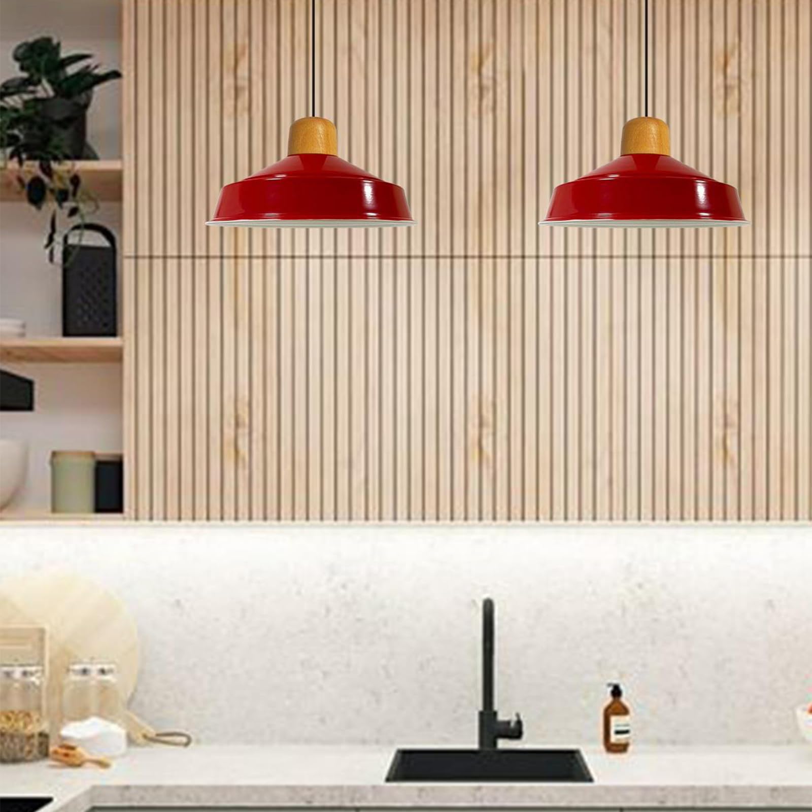 Bamyum Lampadario a Sospensione Vintage Industriale - 40 cm Diametro, Lampada in Legno, Rosso