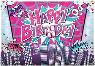 Yriujul 68x45inch Fabric Spider Superhero Happy Birthday Backdrop Pink for Girl Women Comics City Photography Background Party Decorations Cityscape Photo Banner Props