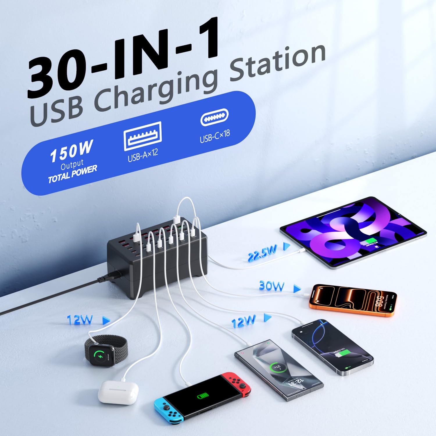 Station de charge multiple 150 W, chargeur USB 30 ports avec 12 ports USB-A et 18 ports USB-C, adaptateur de charge universel USB compatible avec smartphone, tablette, montre intelligente pour bureau