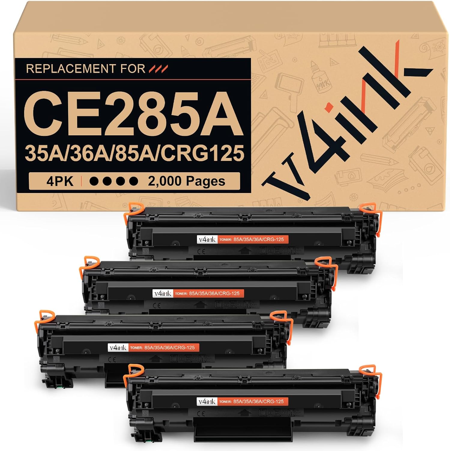 v4ink 4PK Compatible 85A Toner Cartridge Replacement for HP 85A CE285A 36A CB436A 35A CB435A Canon 125 Toner for HP Pro P1006 P1102 P1102W P1109w MFP M1212nf M1217nfw MF3010 LBP6030 LBP6030W Printer