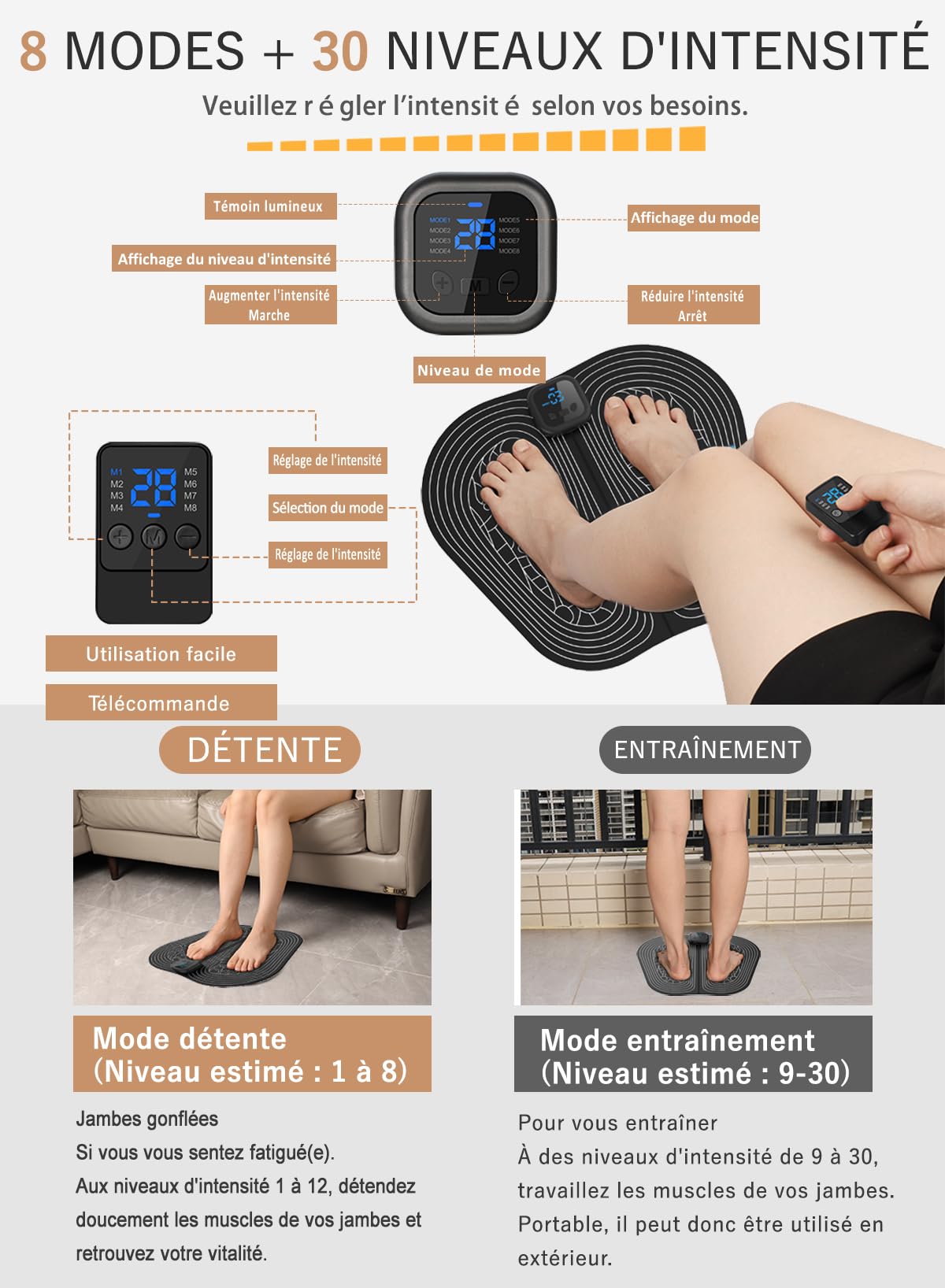 Masseur de Pieds EMS Portable, Tapis Masseur Plantaire Electrique Pliable, 8 Modes 30 Niveaux, Massage Pieds doux et Facile à Nettoyer, pour détendre les muscles, Télécommande, écran LCD
