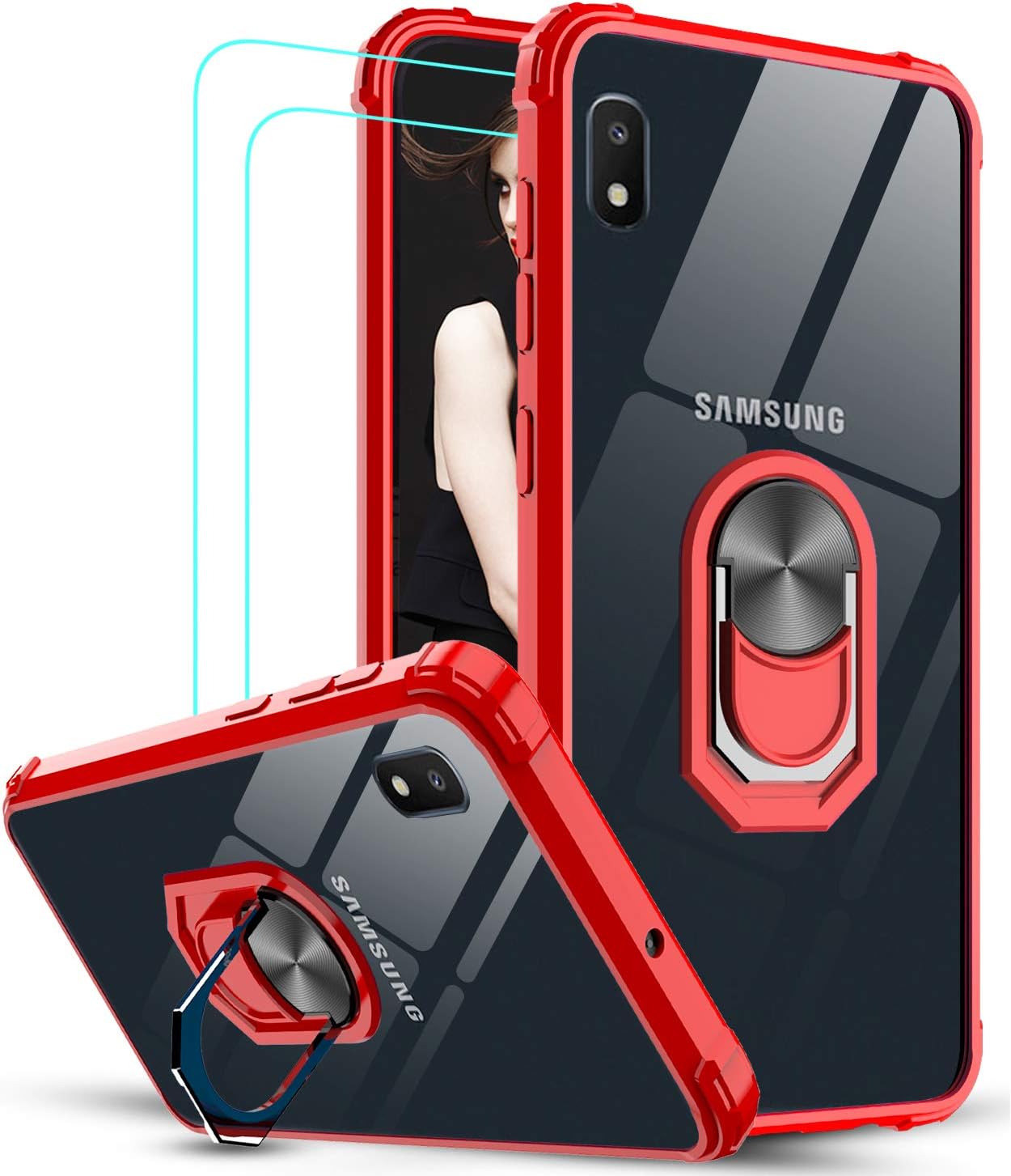 Samsung Galaxy A10E Case (Not Fit A10) with [2 Pack] Tempered Glass Screen Protector, LeYi [Military-Grade] Clear Crystal Shockproof Phone Case with Magnetic Ring Car Kickstand for Samsung A10E, Red