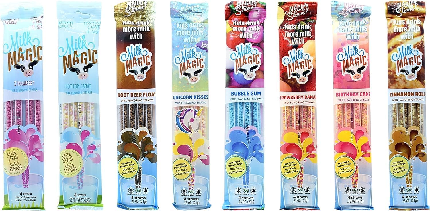 Sweet and Savory Bundle Milk Flavoring Straw | Gluten-Free BPA free Non-GMO Low in Sugar All-natural Flavor Straws | Encourage Milk Drinking with Flavor-Filled Straws - Pack of 8