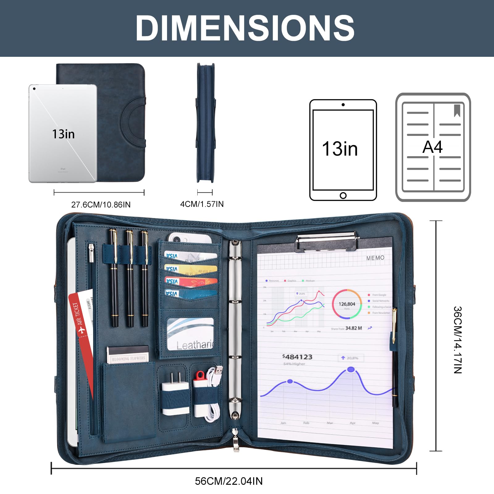 Leathario Portfolio A4 Porte-Documents Cuir PU - Organiseur De Conférence, Carnet D'Écriture Professionnel