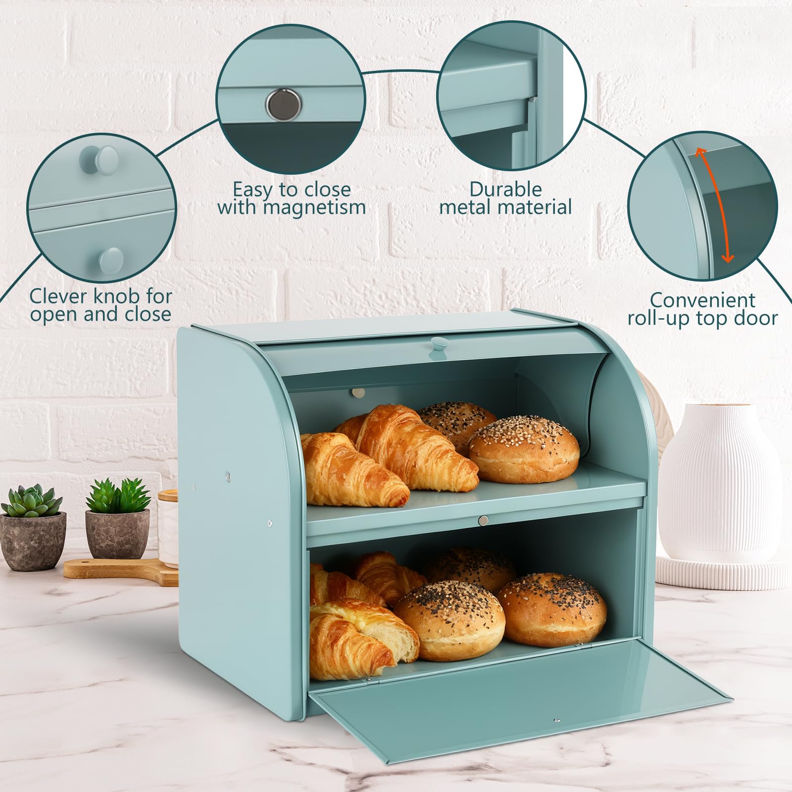 Brotkasten, Brotkasten für Küche, Große Brotbox mit Roll-Top-Deckel, Doppelter Metall-Brotbehälter, Aufbewahrungsbehälter für frische Brote, Kekse, Gebäck 40 x 32 x 24 cm (Grün)