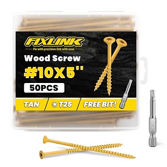 Wood Screws 5 Inch, FIXLINK Deck Screws #10 x 5, 50 PCS, T25 Star Bit Above 1500 Hour Salt Spray Coating Outdoor Decking Screws for Wood Fence, Tan