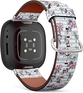 CJBROES Replacement Leather Watch Band, Compatible with Fitbit Versa 3 and Fitbit Sense of Wristband Bracelet Accessory - Decorative Flowers Stripe on White