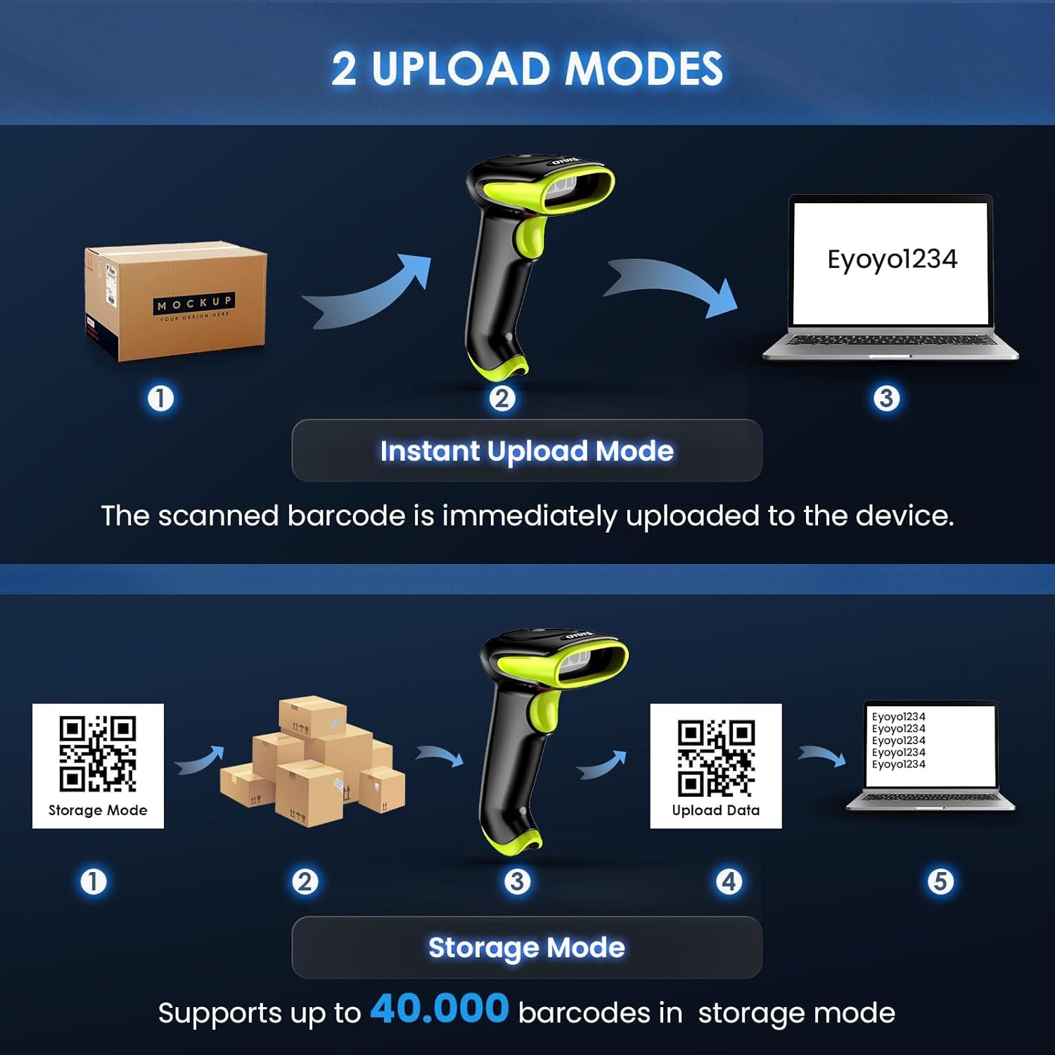 Eyoyo EY-034V Barcode Scanner showing battery life and compatible devices/systems