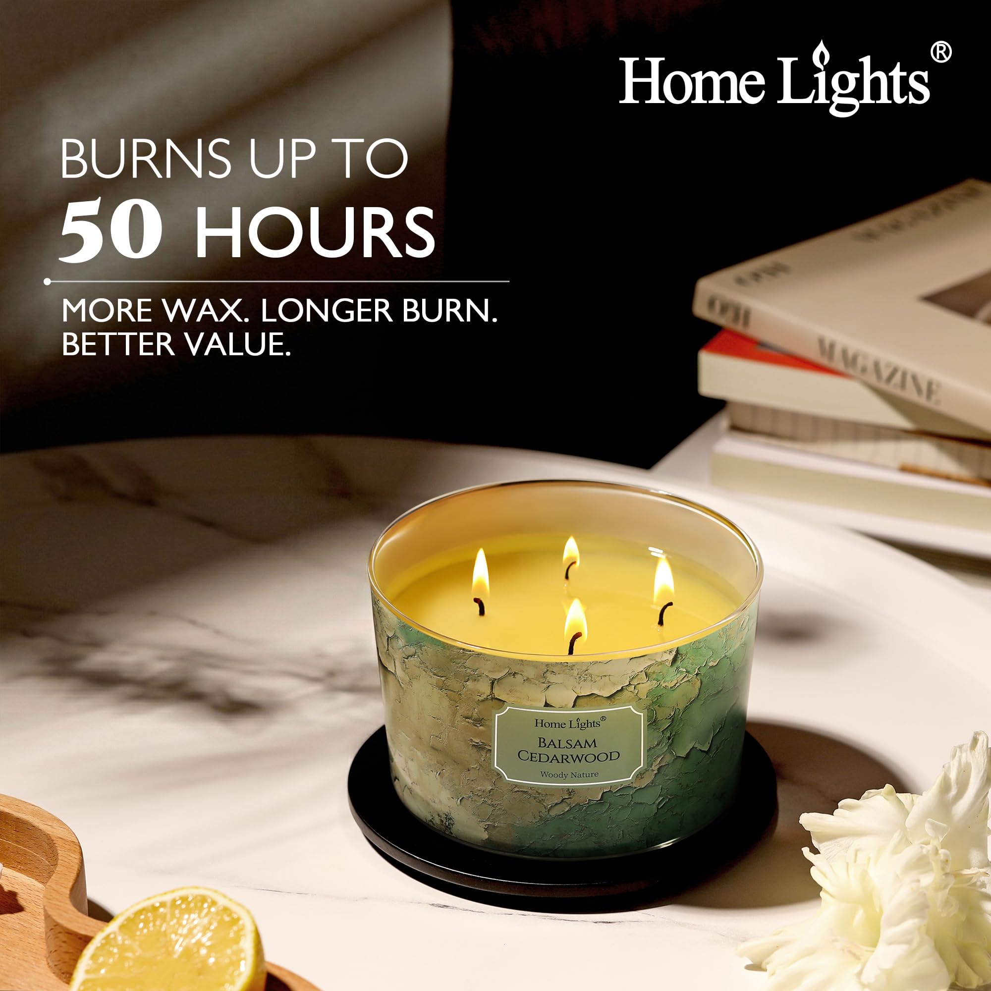 HomeLights Velas con aroma a cedro balsámico Vela de soja de 18oz, estilo industrial chic, frascos grandes de 4 mechas Velas ideales para regalar en eventos, alivio del estrés y relajación