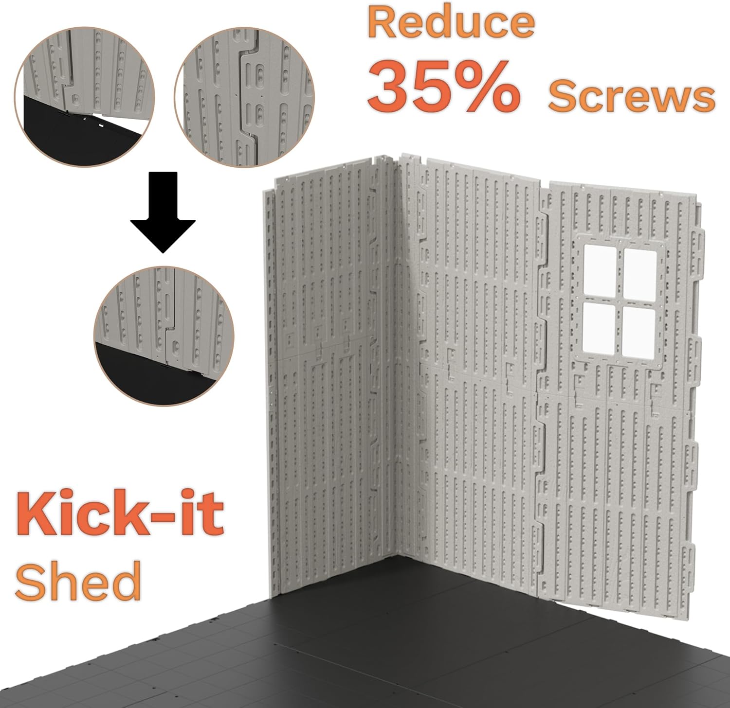 Diagram showing the 'Kick-it' assembly method for shed walls, illustrating how panels interlock to reduce screw usage.