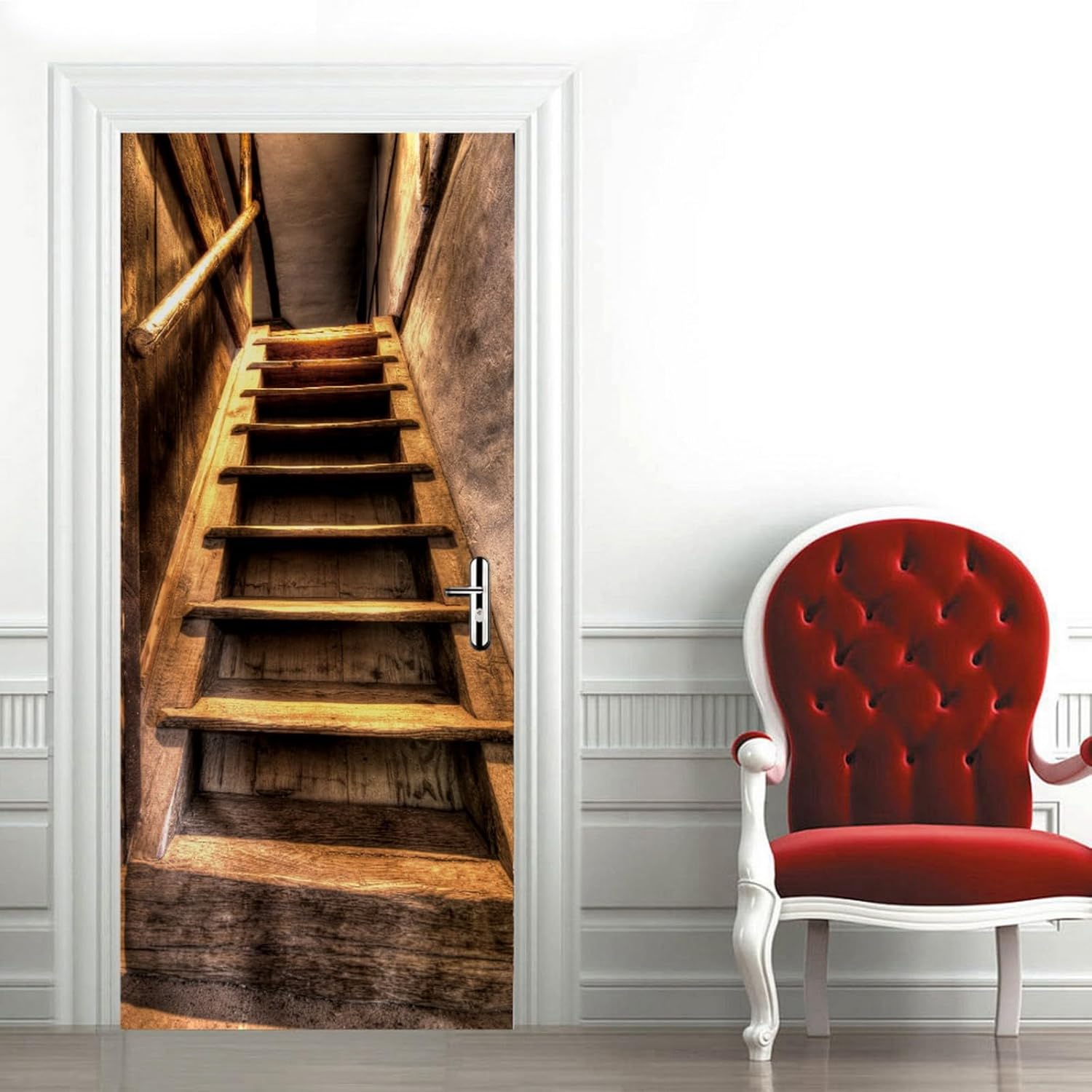 A.Monamour 3D Door Stickers for Interior Doors Old Brown Wooden Stairs Stairway Vinyl Waterproof Self Adhesive Door Mural Decals for Bedroom Office Bathroom 95x215cm
