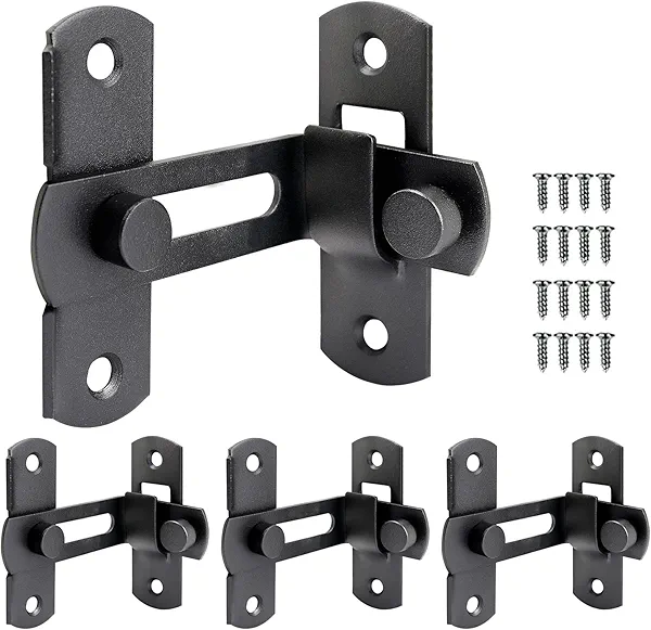 HKATOPS 90 Degree Flip Door Sliding Latches,4 Packs Black Security Hook Gate Latch for Barn, Garden, Bathroom, Outdoor, Right Angle Curved Door