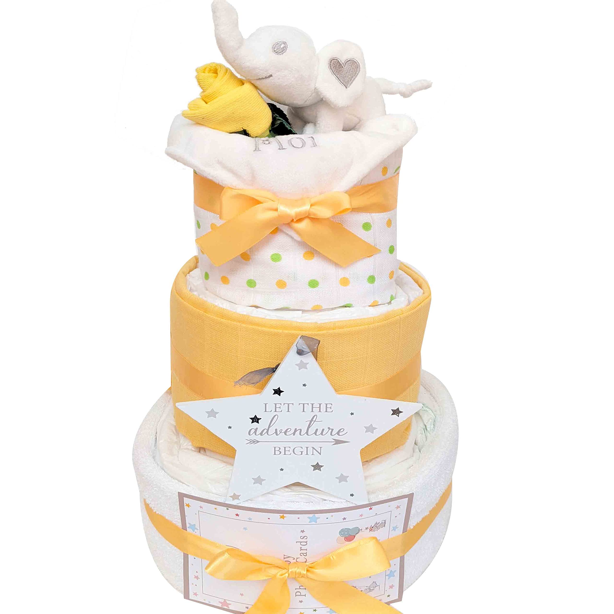 Gift for Baby Shower New Born Baby Gift Set - 3 Tier Nappy Cake - Unisex Baby Gift Hamper Elephant Themed Present