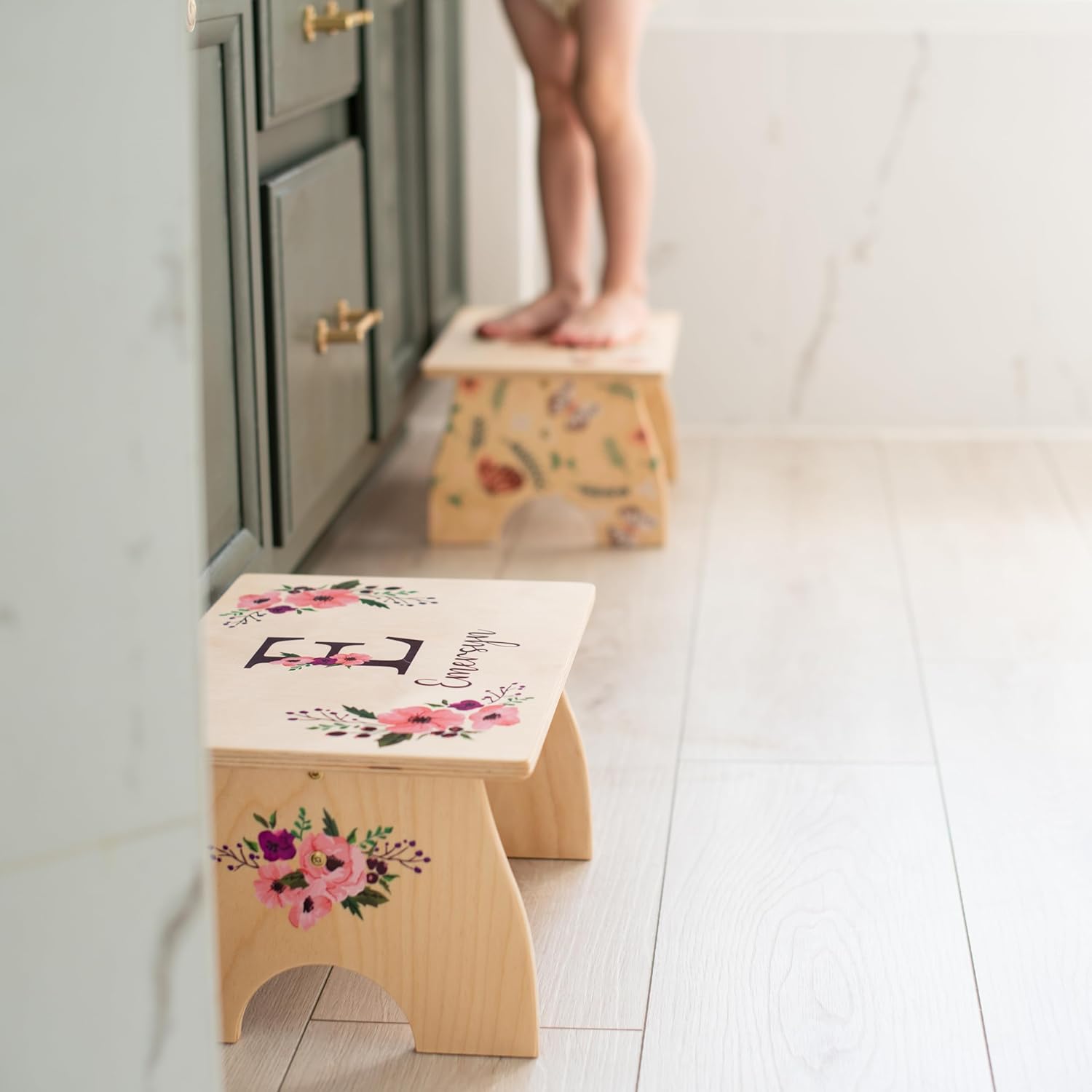 Step Stool for Toddlers- Personalized Wood Kids Step Stool with Name for Kitchen Sink, Bathroom, Potty Training, Toilet, Kitchen Sink- Sturdy and Safe- Made in USA by BloomOwl (Elephant Pink)