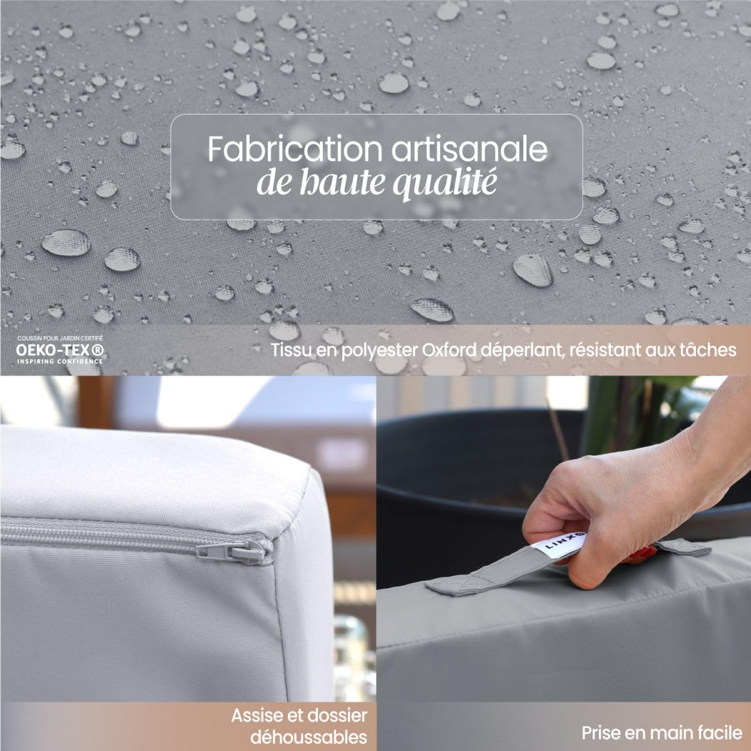 Linxor - Kit de Coussins pour Salon de Jardin déhoussables - 60 x 60 cm - Plusieurs Coloris