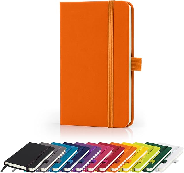 Premium A6 Notebook New Lined Pocket Hardback Small Journal with Pen Loop, Elastic Closure and Ribbon Marker 196 Pages / 98 Sheets Notepad Note Book Notes Pad (Orange)