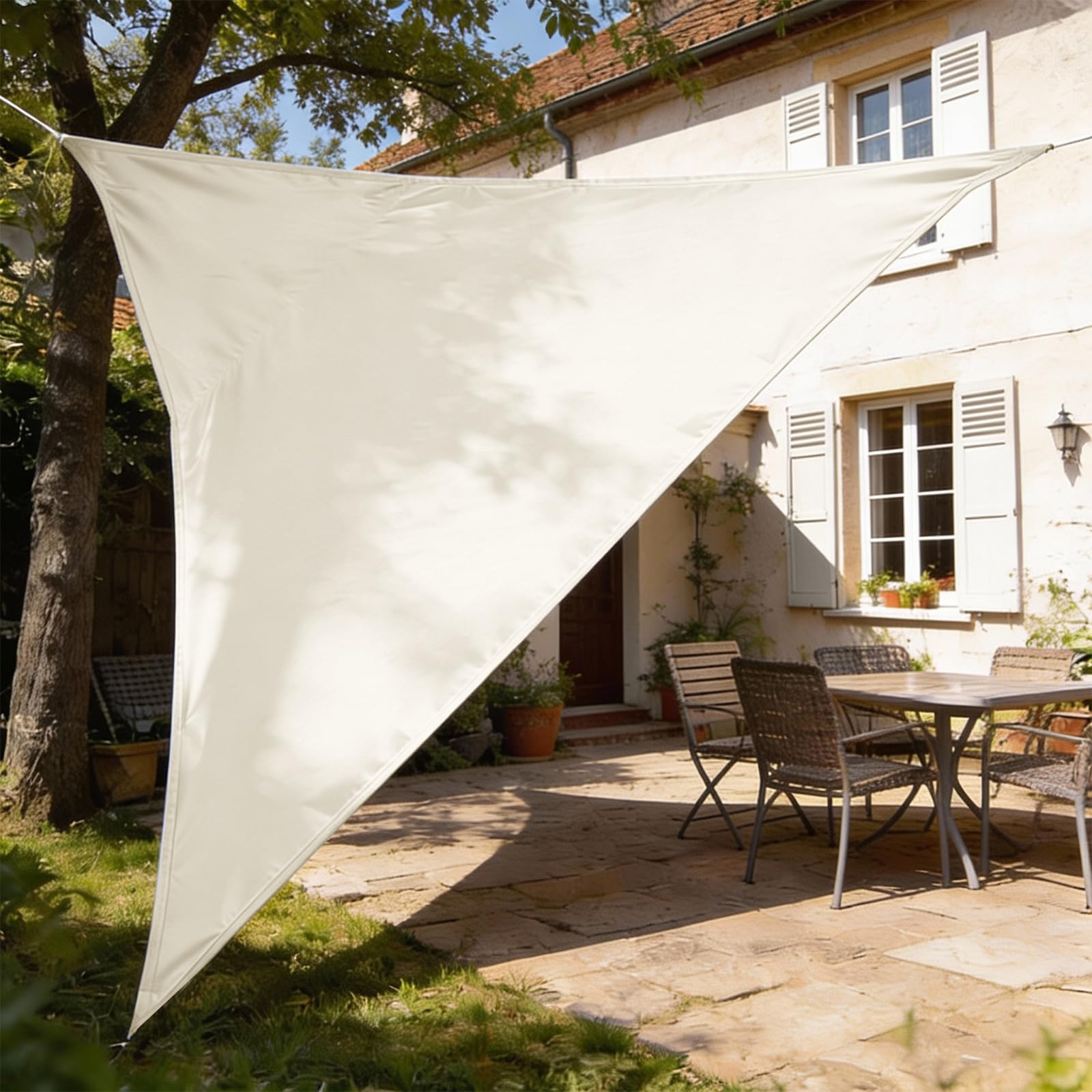 HAIKUS Tenda a Vela Impermeabile Triangolare 3x3x3 m, Protezione Raggi UV 98%, Telo Ombreggiante Triangolo 3x3 x3m, Tenda da Sole per Esterno Giardino Terrazzo, Bianca beige