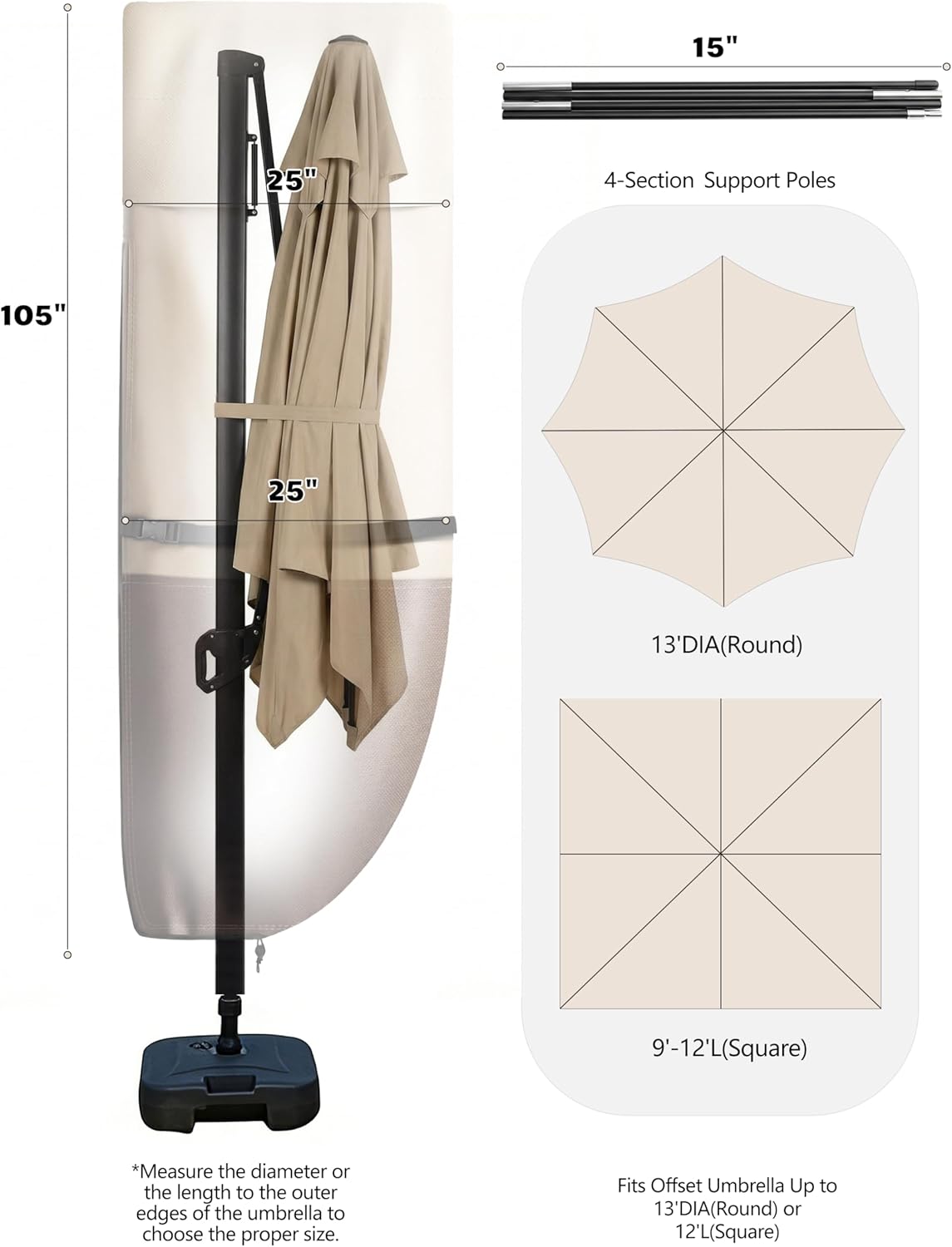 Vailge Patio Umbrella Cover for Cantilever Umbrella 9-13 Feet, 600D Oxford Outdoor Umbrella Cover Waterproof Windproof, Patio & Outdoor Umbrella Cover with Support Pole, Storage Bag