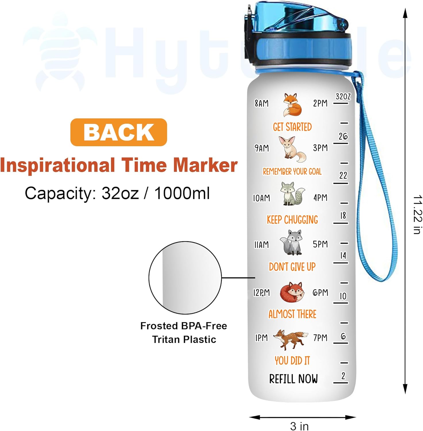 Hyturtle Personalized Fox Lovers 32 Oz 1Liter Motivational Water Bottle, Foxes Of The World Custom Name Water Bottle With Time Marker, Animal Lover Gifts For Women Girl On Birthday, Mother Day's