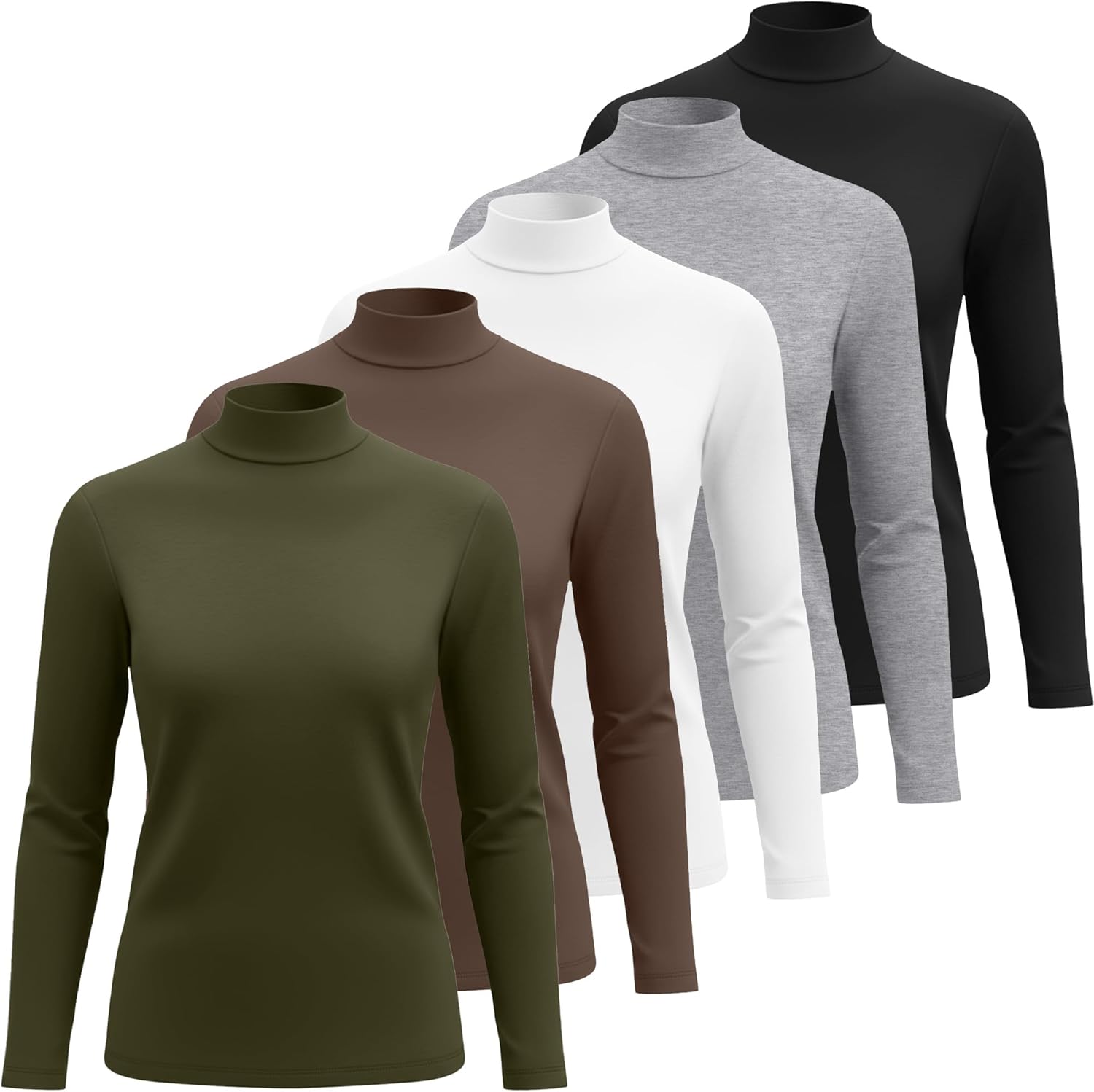 5 Pack Women's Cotton Mock Turtleneck Long Sleeve T-Shirts, Basic Tops Slim Fitted Stretch Underwear Layer Tee - Image 3