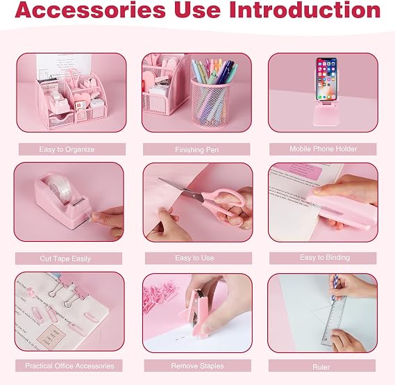 Desk Organizers and Accessories, Office Supplies 15PS Set with Stapler, Staple Remover, Pen Holder, Clips Set, Tape Dispenser, Tape, Phone Holder, 1000 Staples, Ruler, Scissors （Pink）