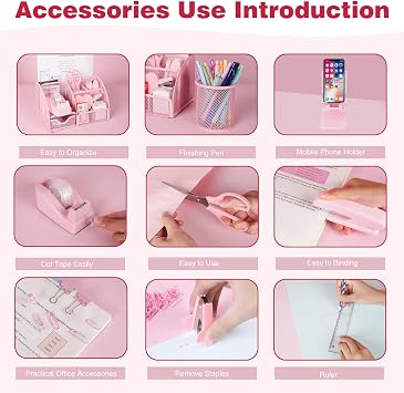 Desk Organizers and Accessories, Office Supplies 15PS Set with Stapler, Staple Remover, Pen Holder, Clips Set, Tape Dispenser, Tape, Phone Holder, 1000 Staples, Ruler, Scissors (Pink)