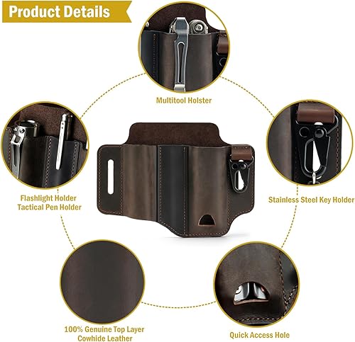 Miniatura 4 de VIPERADE PJ29 Funda multiherramienta para cinturón, organizador de bolsillo EDC de cuero para hombres, funda de cuero EDC, linterna y funda